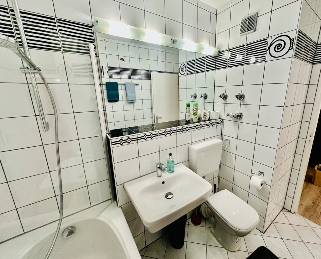 Badezimmer im Oststadt Apartment Karlsruhe mit Waschbecken und WC