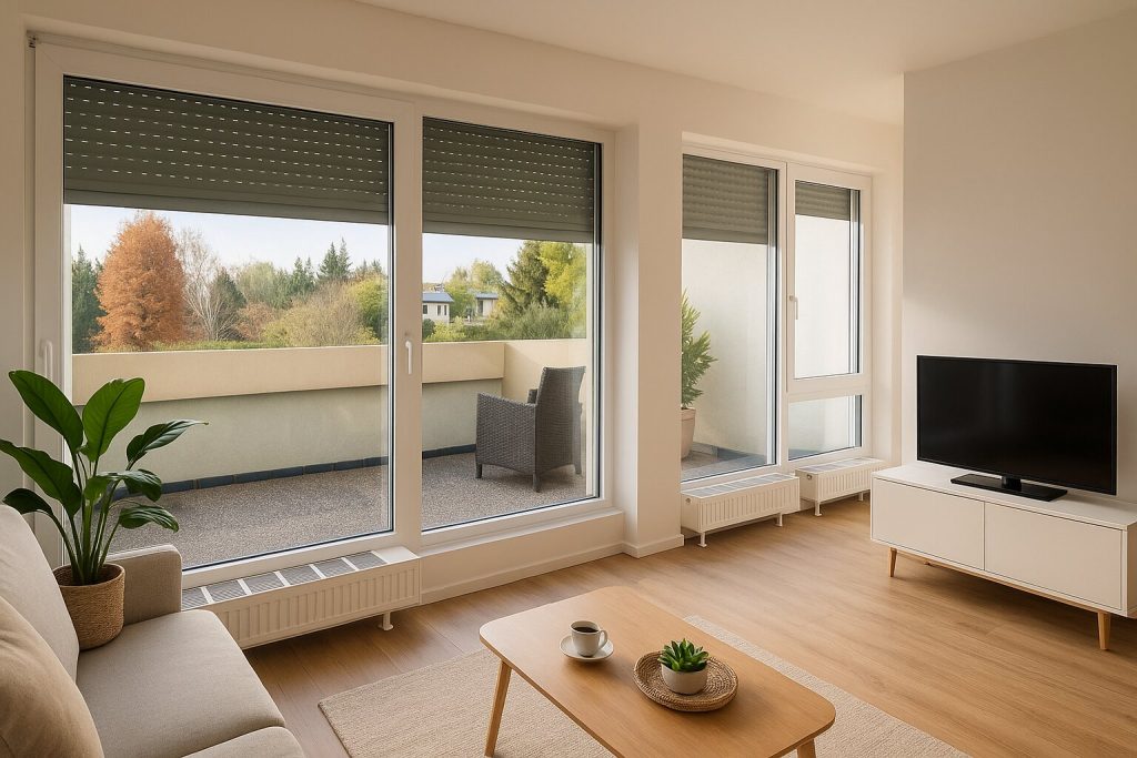 Wohnbereich mit Blick zum Balkon im Oststadt Apartment Karlsruhe