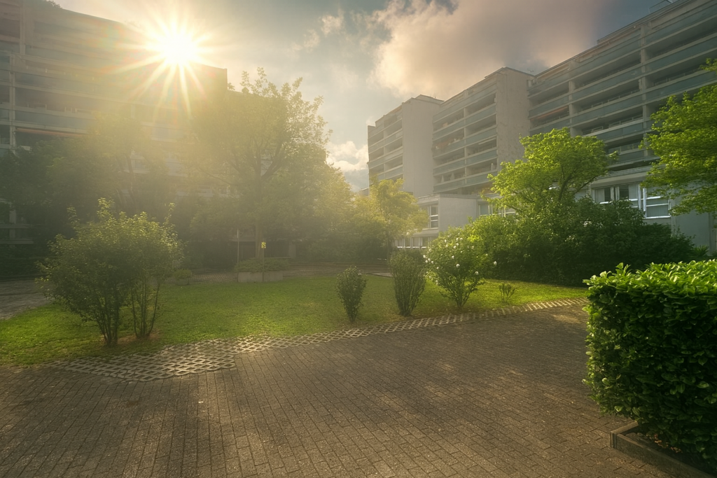 Sonnenuntergang über den Dächern nahe Oststadt Apartment Karlsruhe