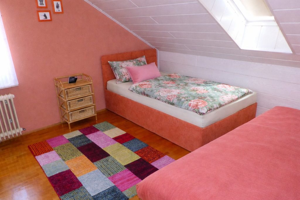 Zweites Schlafzimmer mit Einzelbett und Queensize-Bett im Apartment mit Ausblick Wörth am Rhein
