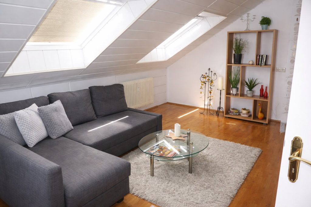 Wohnzimmer mit Schlafsofa im Apartment mit Ausblick Wörth am Rhein
