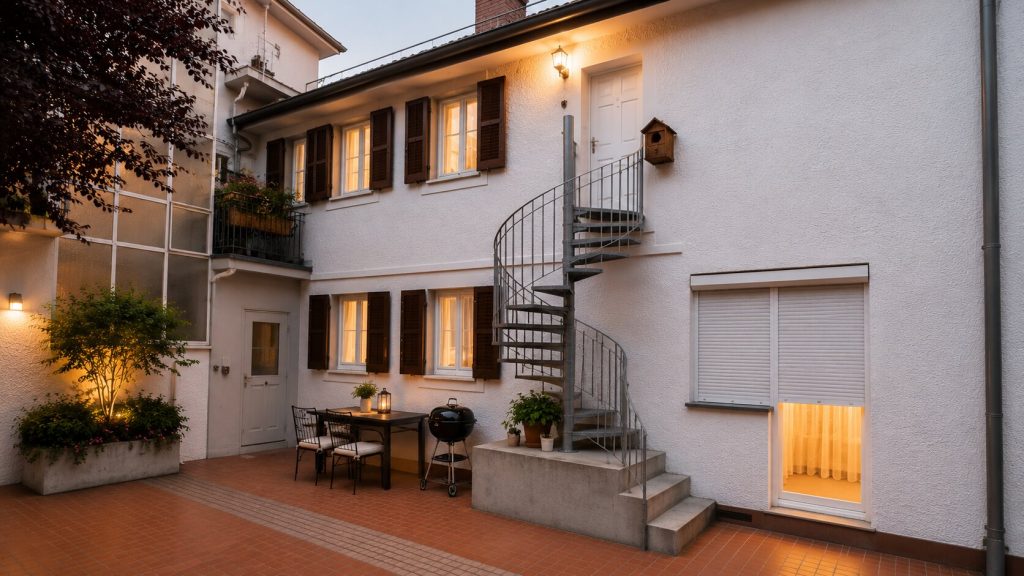 Hinterhaus am Schloss Karlsruhe – Eingang mit Außenwendeltreppe